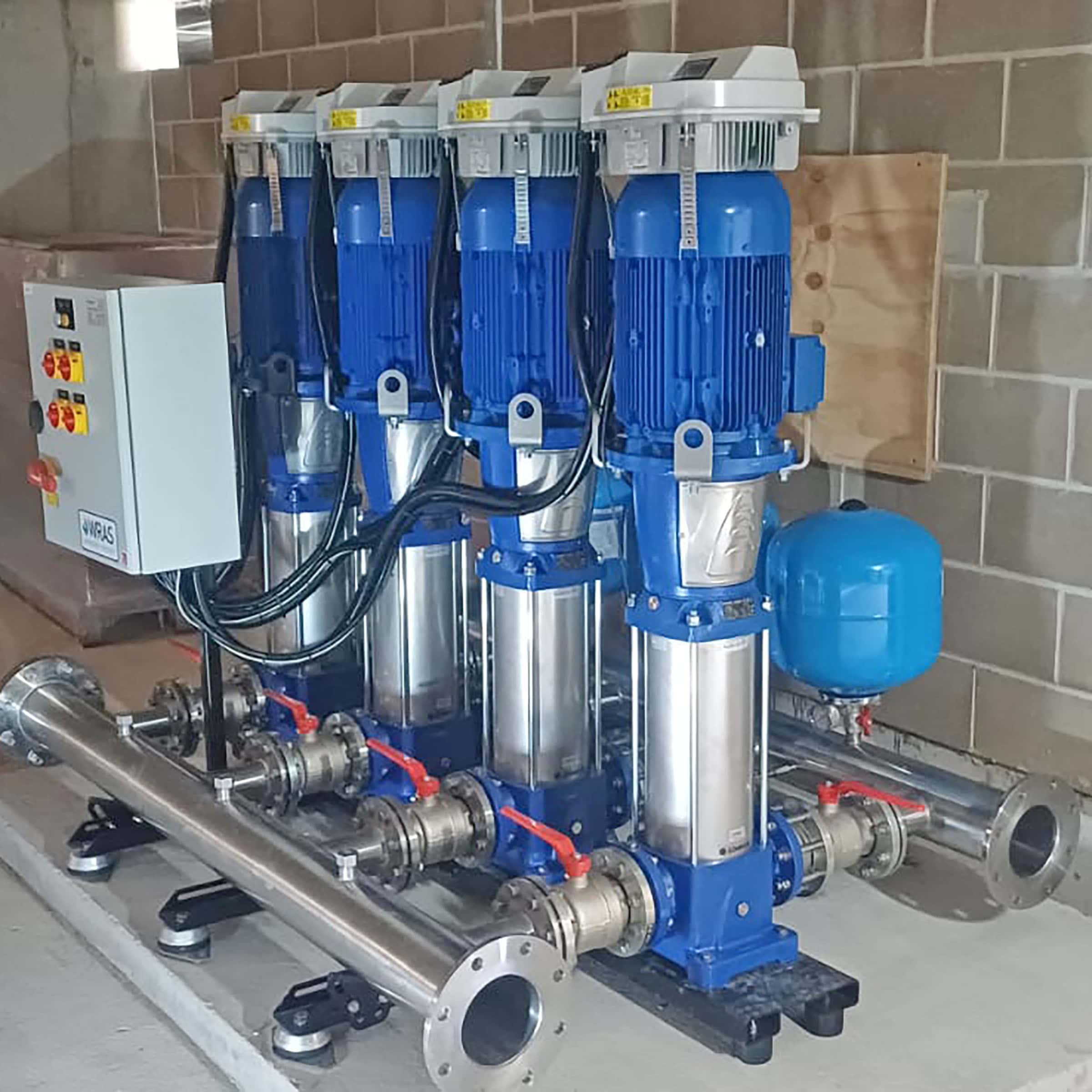 Industrial water pump system installation indoors